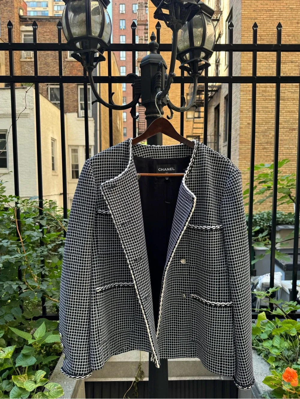 CHANEL Black & White Tweed Bouclé Jacket with Gold Buttons